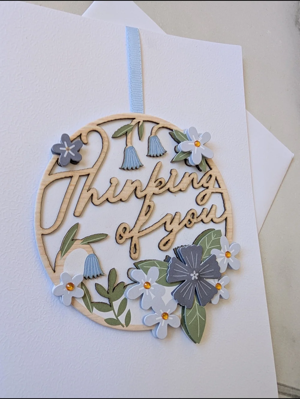 Thinking of You Floral Wooden Accent Card - Blue and White